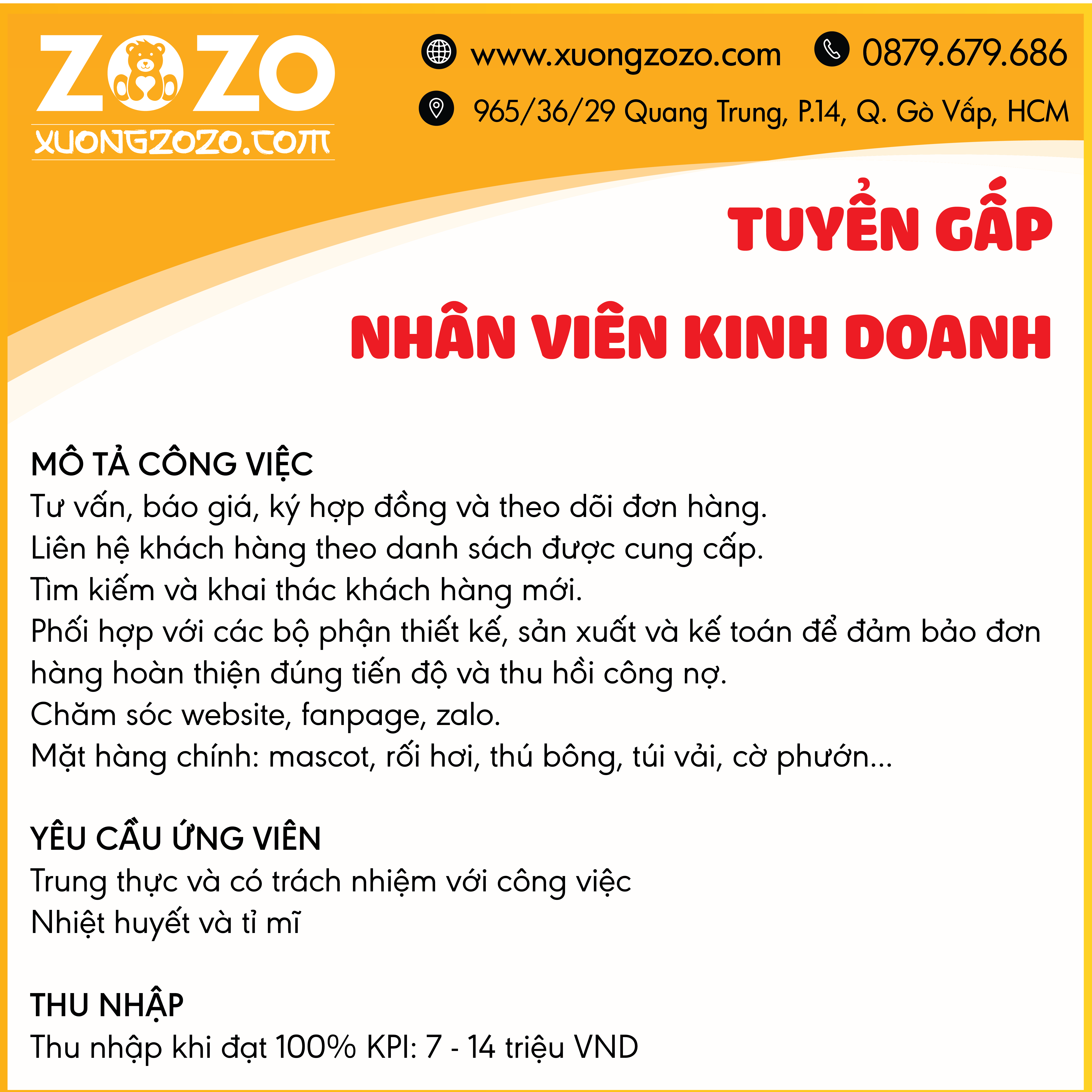Xưởng ZOZO tuyển dụng nhân viên kinh doanh tại Gò Vấp